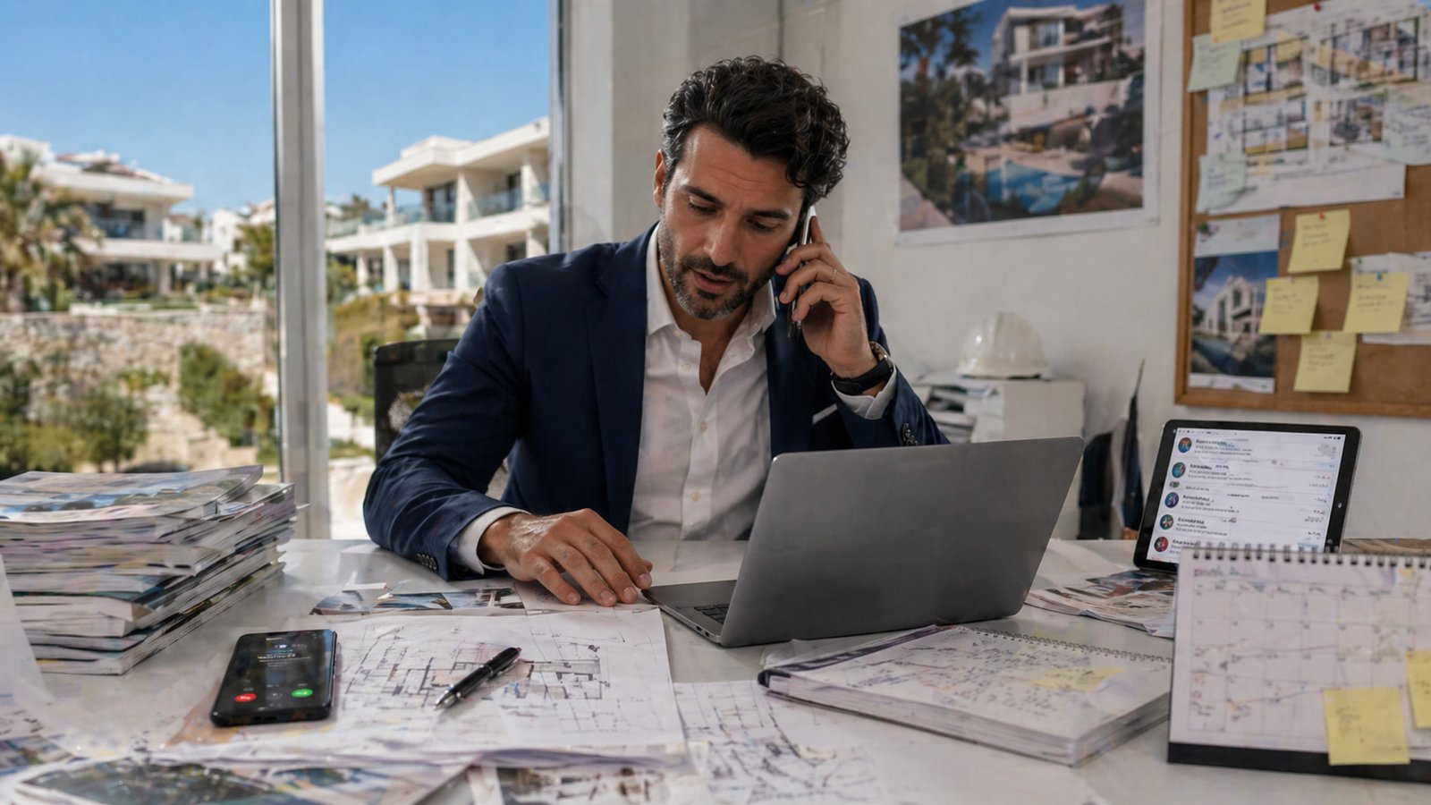 Responsabile commerciale sommerso da contatti, appuntamenti e materiali di vendita immobiliare