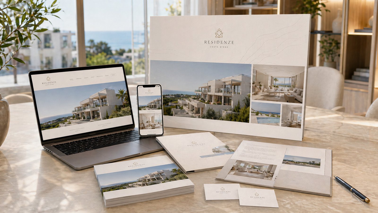 Materiali coordinati di marketing immobiliare con identità visiva unica del costruttore