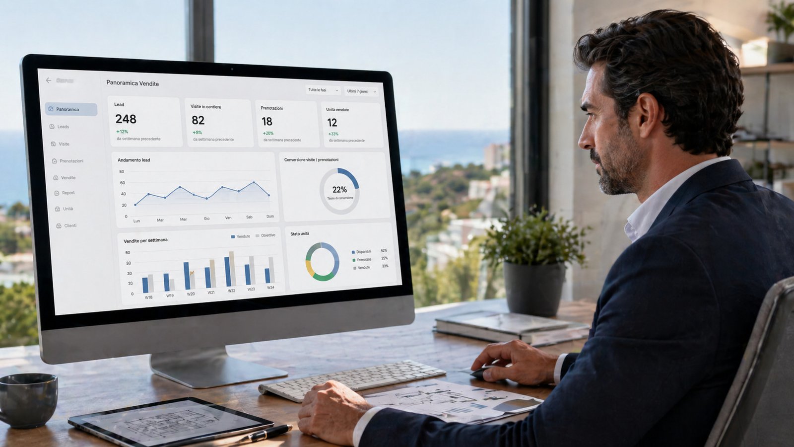 Dashboard di controllo vendite per monitorare lead, visite, prenotazioni e unità vendute